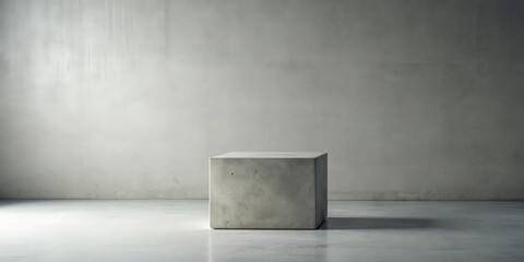 A simple concrete cube sits on a polished floor against a textured wall, a minimalist studio scene
