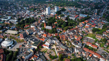 Aerial panorama view above the old town of the city Itzehoe in Germany on a sunny afternoon in spring	