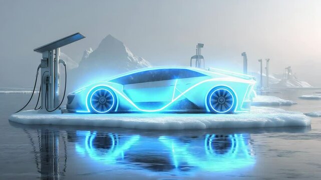 Futuristisches Elektroauto mit Leuchtelementen auf Eisscholle. K&uuml;nstliche Intelligenz KI