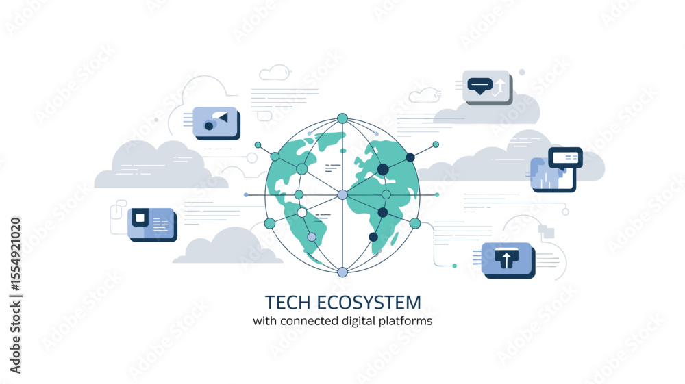 Poster global tech ecosystem connecting digital platforms for seamless communication and data transfer