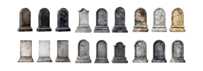 Collection of Realistic Tombstones Diverse Styles  Textures for Design Projects set white Background against transparent Background