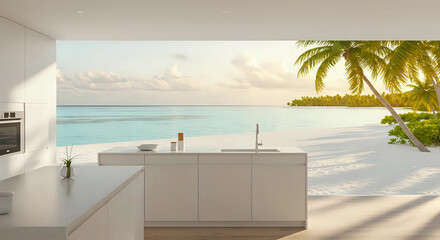 A white kitchen cabinets with white panoramic ocean view and palm trees at sunset in tropical villa, open-plan kitchen with a view or open kitchen with natural views concept