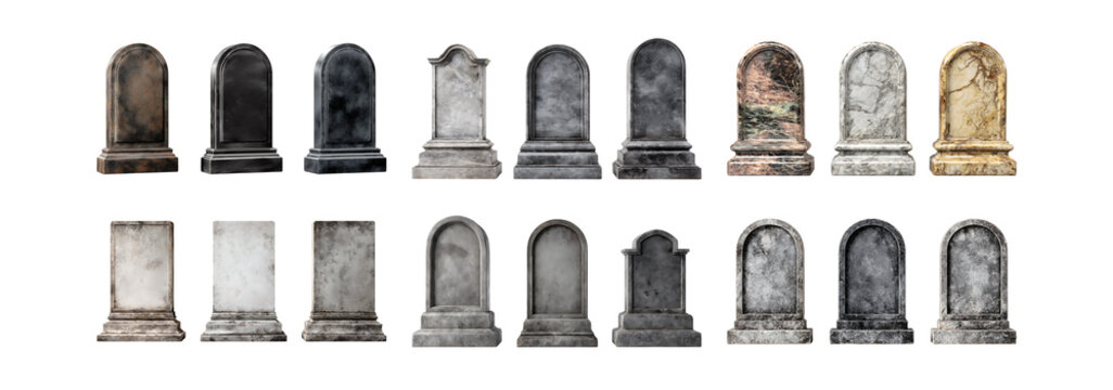 Collection of Realistic Tombstones Diverse Styles  Textures for Design Projects set white Background against transparent Background