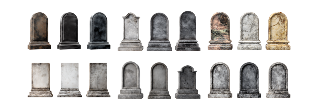 Collection of Realistic Tombstones Diverse Styles  Textures for Design Projects set white Background against transparent Background