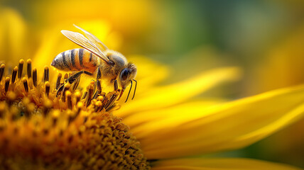Close up of a honeybee gathering nectar from a sunflower in a vibrant summer meadow under golden sunlight