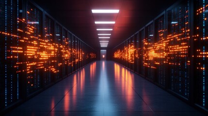 Futuristic data center corridor with illuminated server racks and glowing digital information displays
