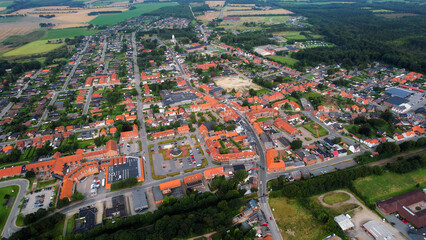 An arial panoramic view of the old town of the city Ølgod oe Olgod in Denmark on a sunny spring day