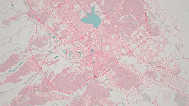 Zoom in on the map of Riyadh City, the capital of Saudi Arabia, with text. Cinematic digital abstract 3d world map animation highlights aerial views, tourism, and travel. 4k