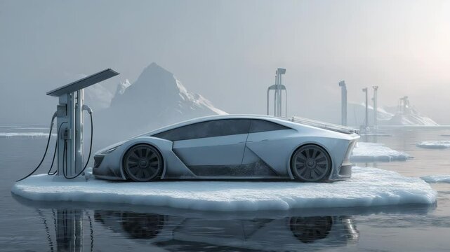Futuristisches Elektroauto mit Leuchtelementen auf Eisscholle. K&uuml;nstliche Intelligenz KI