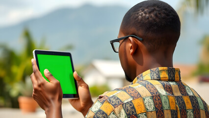 Rear view of a Black man holding a tablet with a green screen outdoors.