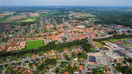 An arial panoramic view of the old town of the city Ølgod oe Olgod in Denmark on a sunny spring day