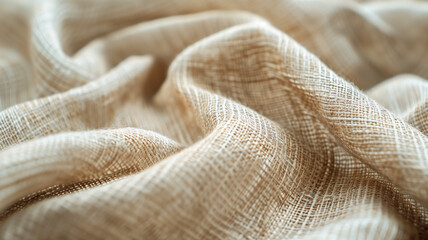 Close-up of subtle noise texture on neutral beige linen fabric under soft daylight with minimal shadows real photo stock photography
