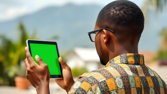Rear view of a Black man holding a tablet with a green screen outdoors.