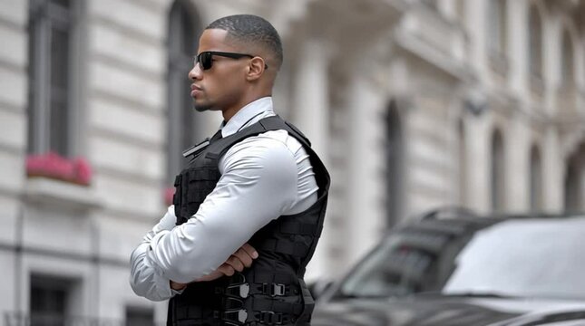 A private security guard standing outside the client's escort vehicle