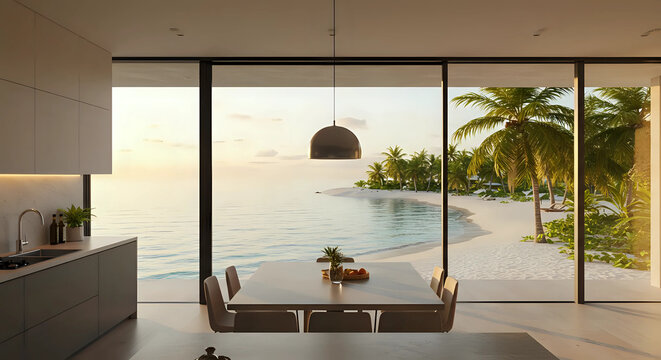 A luxurious modern kitchen and dining area with panoramic ocean view and palm trees at sunset in a tropical villa - open-plan kitchen with a view or open kitchen with natural views concept