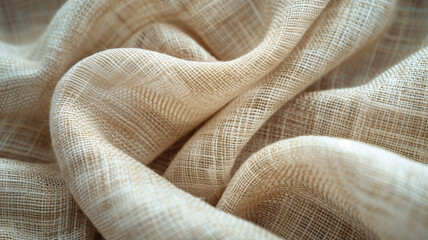 Close-up of subtle noise texture on neutral beige linen fabric under soft daylight with minimal shadows real photo stock photography