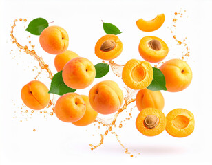 Fresh Ripe Apricots and Slices Levitating with Juice Splash.