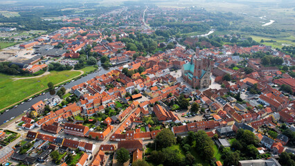 An arial panoramic view of the old town of the city Ribe in Denmark on a sunny spring day
