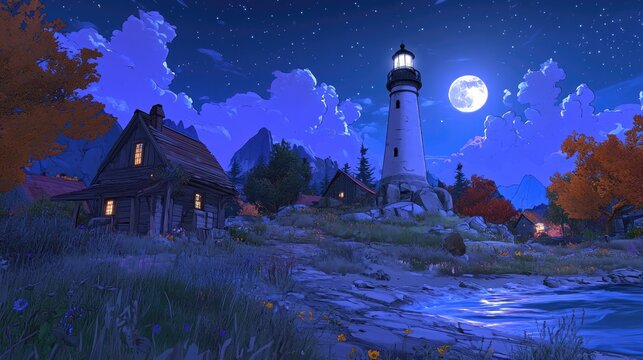 A tranquil coastal village at night, illuminated by a full moon and a lighthouse.
