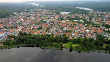 An arial view from the old town in the city Silkeborg in Denmark on a sunny day in spring
