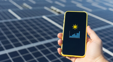 Solar panel energy monitoring app on a smartphone with solar panels in the background