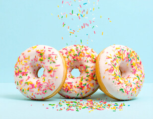 White Frosted Donuts with Falling Sprinkles on Blue Background.
