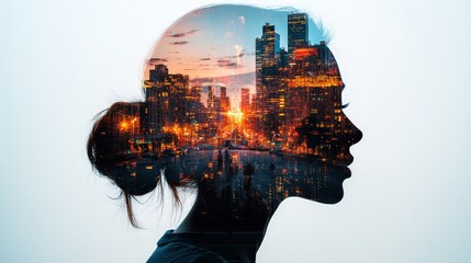 Urban cityscape silhouette of a woman's profile with sunset skyline reflecting technology and modern architecture