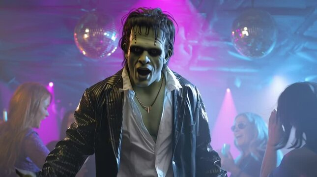 Frankenstein's monster dances in a colorful club 