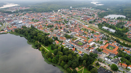 An arial view from the old town in the city Silkeborg in Denmark on a sunny day in spring
