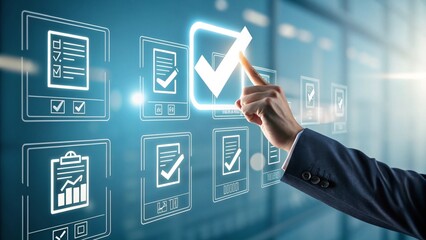 AI Agents and Interactive Dashboards in Data-Driven Strategy, Businessperson reviewing digital contracts with quality and analytics icons.