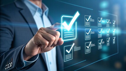 AI Agents and Interactive Dashboards in Data-Driven Strategy, Businessperson reviewing digital contracts with quality and analytics icons.