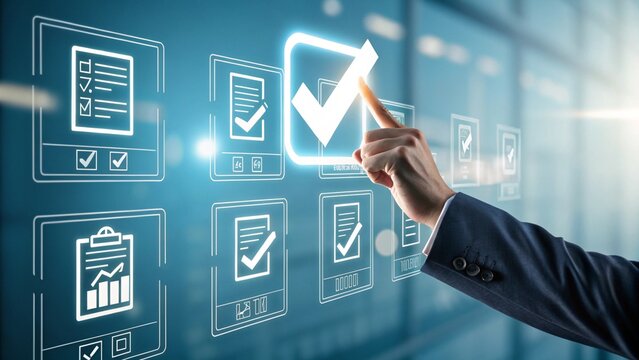 AI Agents and Interactive Dashboards in Data-Driven Strategy, Businessperson reviewing digital contracts with quality and analytics icons.