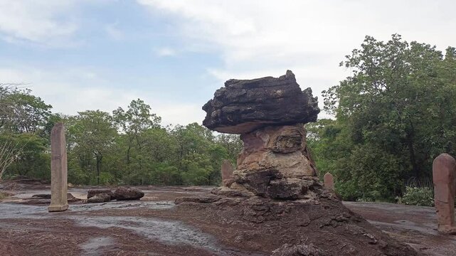 eroded sandstone rock structure civilization formations in  prehistoric park. religious shrines at Phu Phra Bat Historical Park in Udon Thani Province.