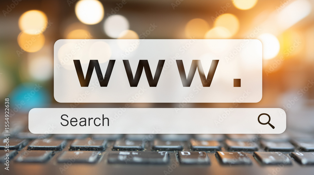 Poster web search bar with www text on laptop keyboard background. represents internet browsing, website ac