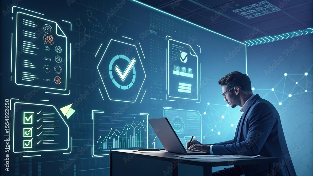 Fototapete ai agents and interactive dashboards in data-driven strategy, businessperson reviewing digital contr