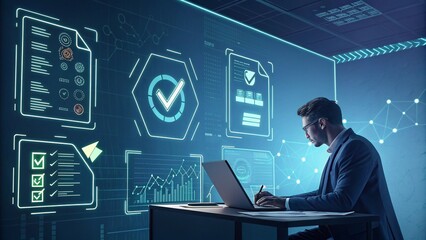 AI Agents and Interactive Dashboards in Data-Driven Strategy, Businessperson reviewing digital contracts with quality and analytics icons.