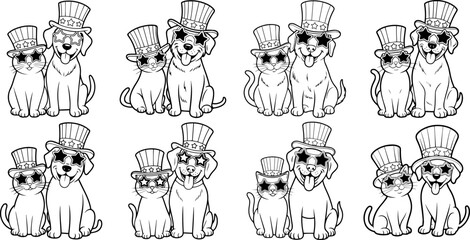 Set of patriotic dog and cat wearing star glasses and top hats line art vector illustration