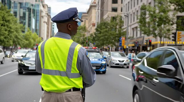 A police officer is directing traffic in a busy city during rush hour