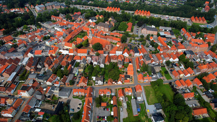 An arial view from the old town in the city Vejle in Denmark on a sunny day in spring
