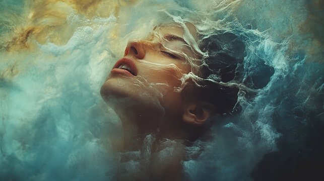 A surreal portrait of a woman"s face merging with swirling water and clouds, evoking a dreamlike and ethereal atmosphere. - Powered by Adobe