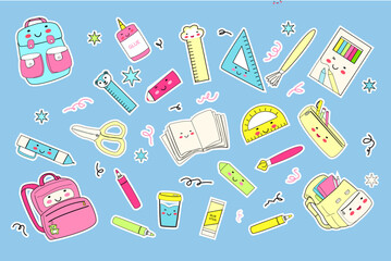 Colorful school supplies illustration - stickers with backpacks and cute stationery on blue background.