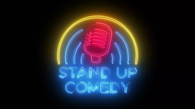 Stand-up comedy night show sign with neon lights and a black background.
