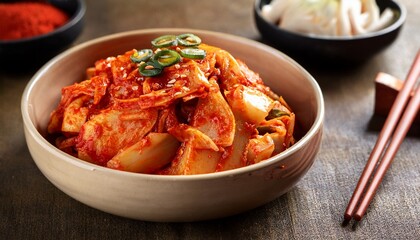 A bowl of traditional Korean kimchi made with fermented cabbage, chili, garlic, and ginger, topped with sliced green onions for extra flavor. AI