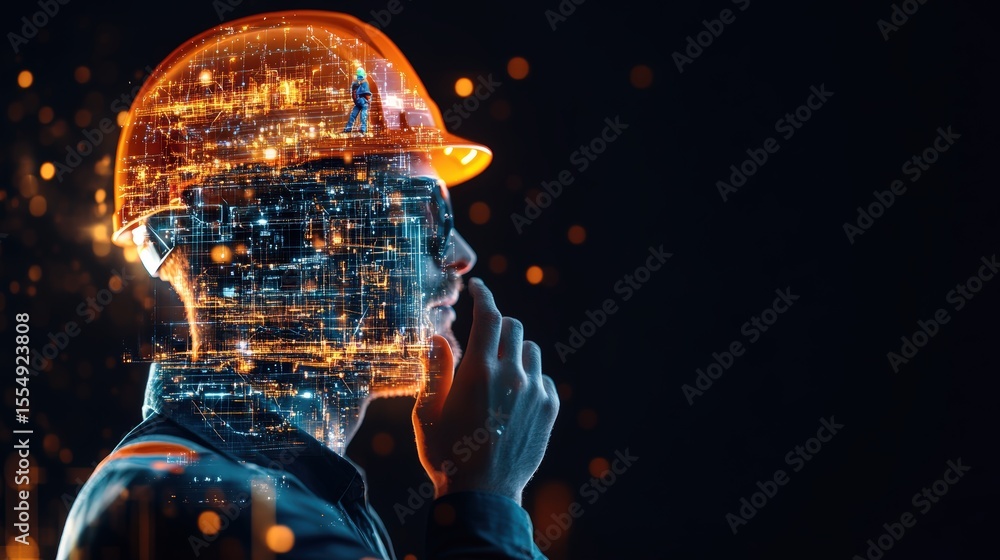 Aufkleber futuristic male scientist wea digital helmet with holographic brain interface and glowing circuits i