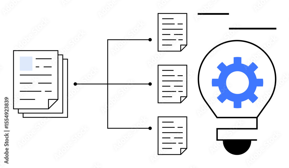 Poster stack of documents connecting through flowchart to a cog inside a lightbulb, symbolizing idea, autom