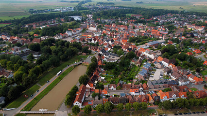 An arial view from the old town in the city Tönning in Germany on a sunny day in spring