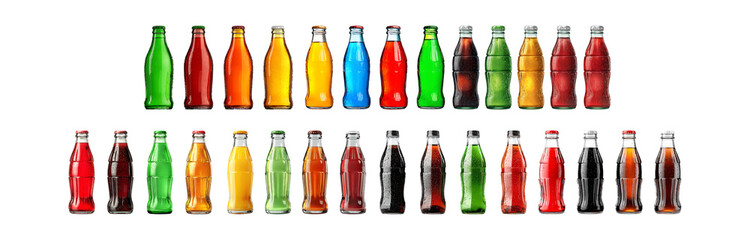 Vibrant Collection of Colorful Glass Bottles A Refreshing Visual set white Background against transparent Background