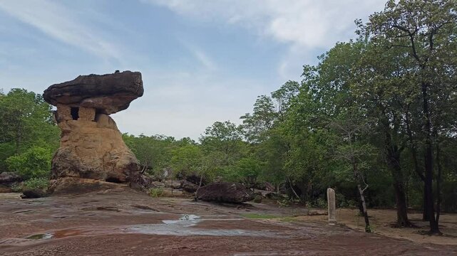 eroded sandstone rock structure civilization formations in  prehistoric park. religious shrines at Phu Phra Bat Historical Park in Udon Thani Province.