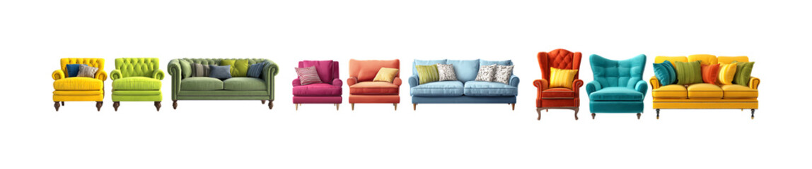 Vibrant Sofa Collection Stylish Couches  Armchairs in Bold Colors set white Background against transparent Background