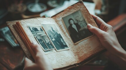 Hands holding an old photo album displaying vintage black-and-white family portraits.